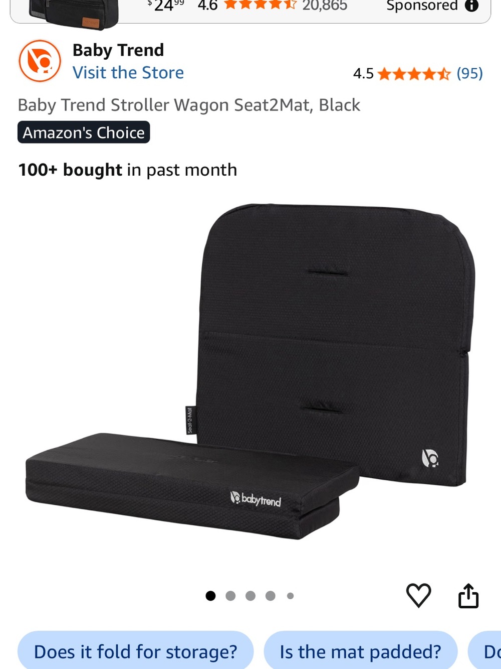 Baby Trend Black Seat2Mat Comfort Seat Pad for Stroller Wagons